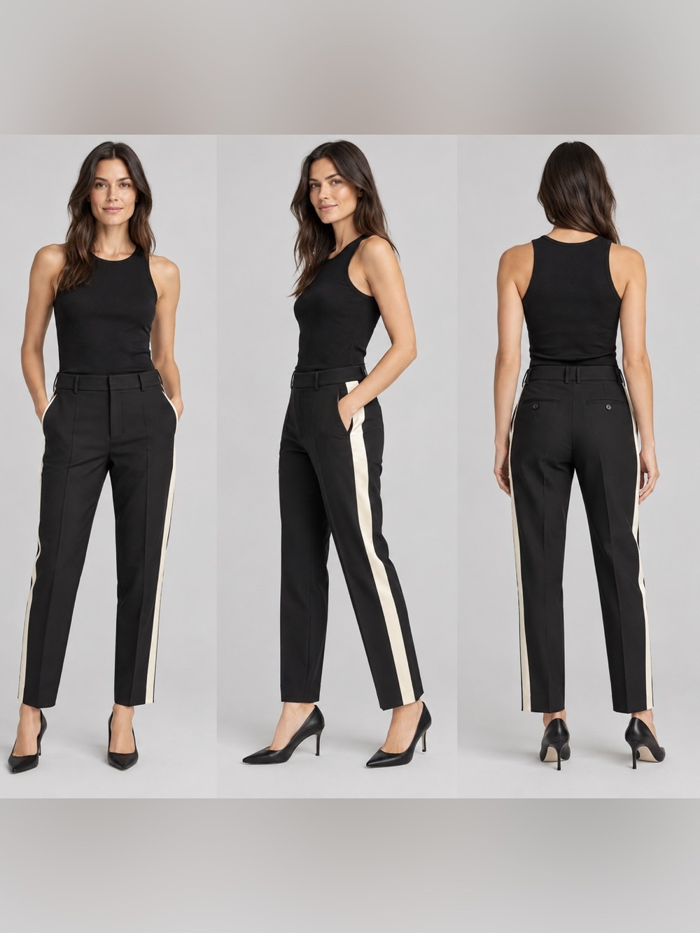 Vince tailored tuxedo-style trousers in black with contrasting ivory side stripe